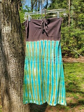 "GREEN" Tie Dyed Dress Swim Suit Cover-up with Spaghetti Tie-strap Around Neck